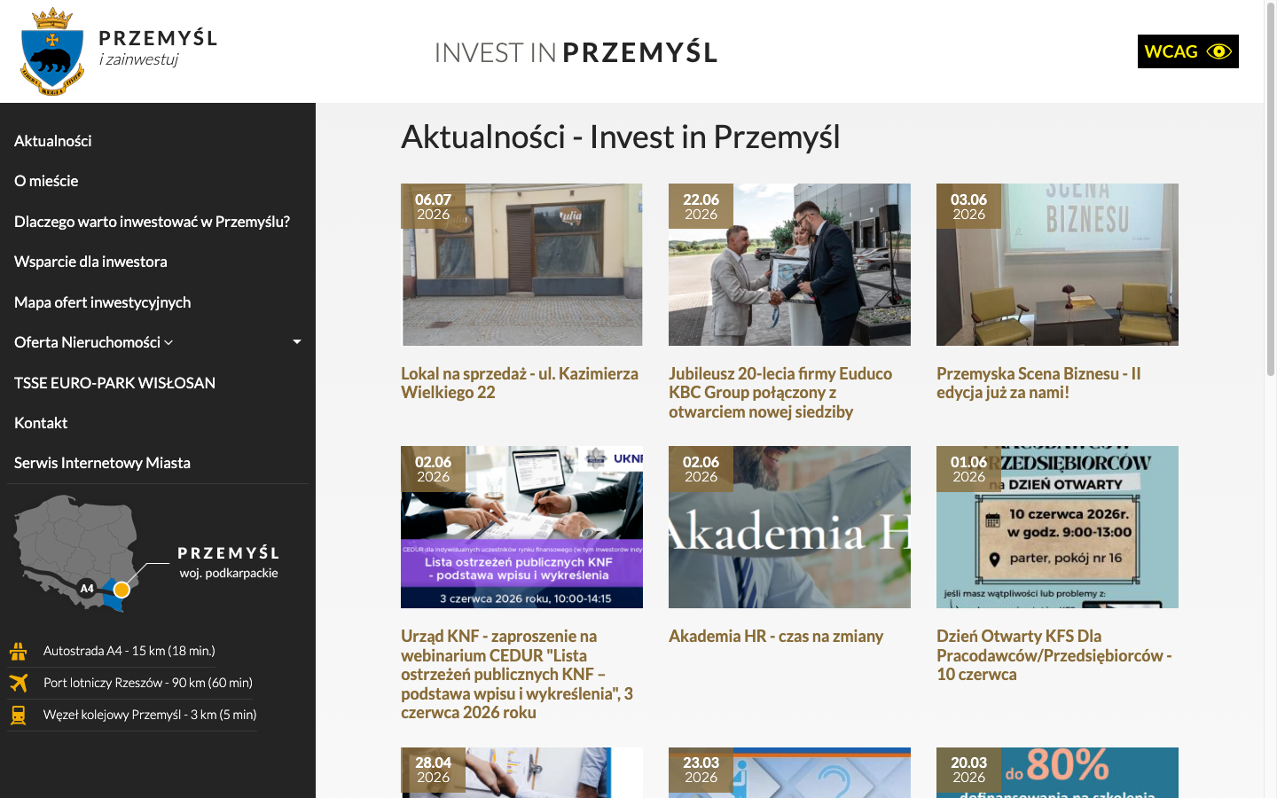 Widok serwisu Invest in Przemyśl z aktualnościami i nawigacją dla inwestorów